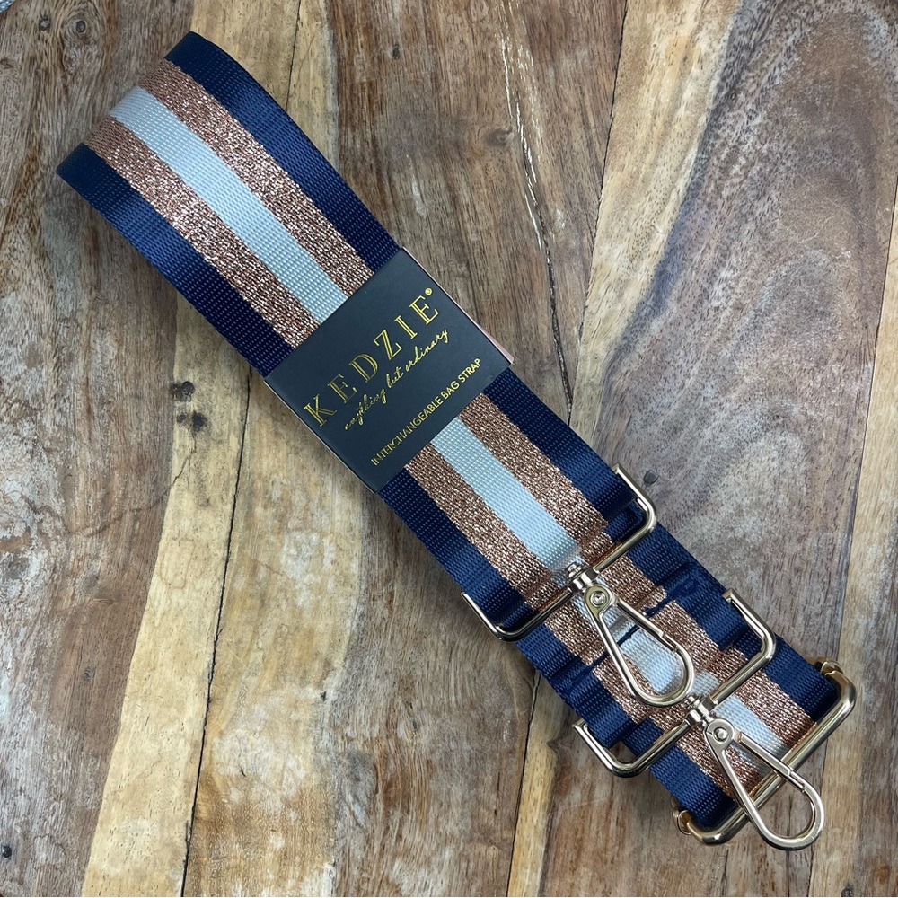 Kedzie l OS Navy Racing Stripe Gold Hardware Crossbody Interchangeable Bag Strap
